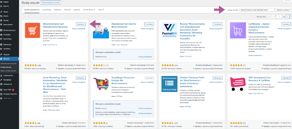 Instalacja wtyczki WooCommerce Cart Abandonment w WordPress.