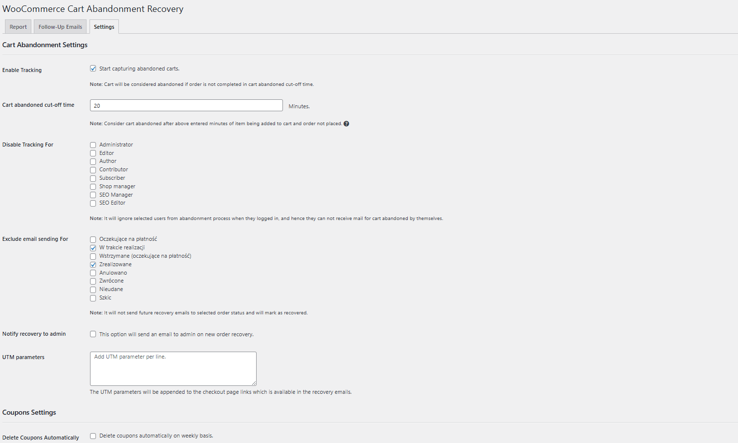 Ustawienia wtyczki Cart Abandonment w WooCommerce.