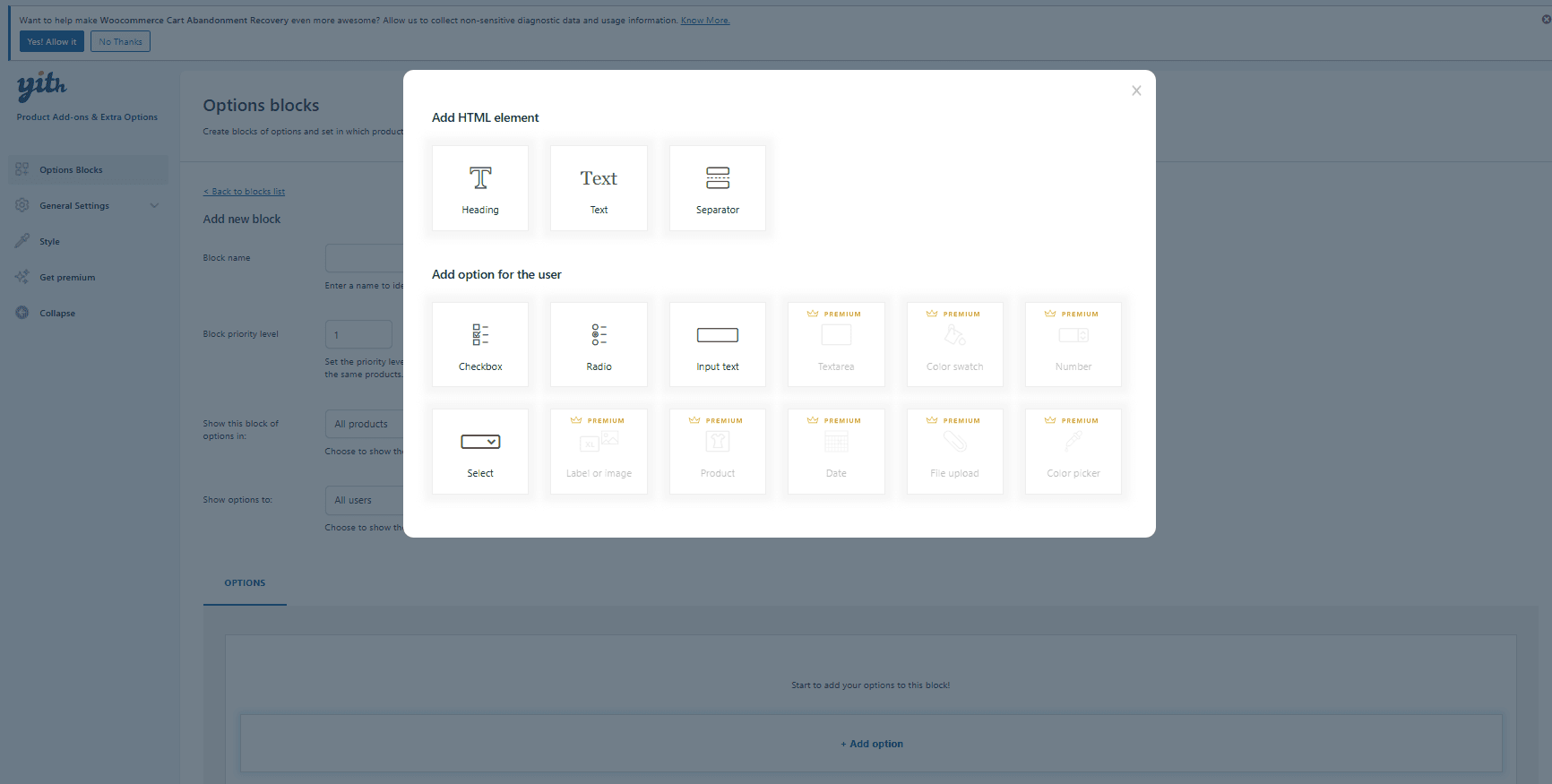 Widok kokpitu wtyczki YITH WooCommerce Product Add-Ons