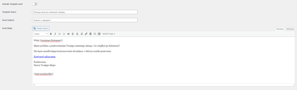 Widok przykładowego tłumaczenia emaila dla wtyczki Cart Abandonment w WooCommerce.