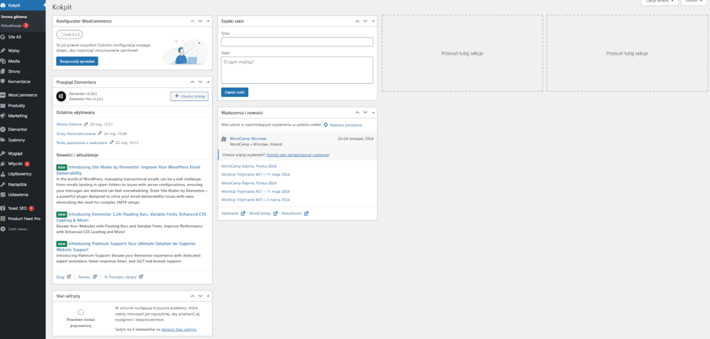 Widok po zalogowaniu do panelu WordPress