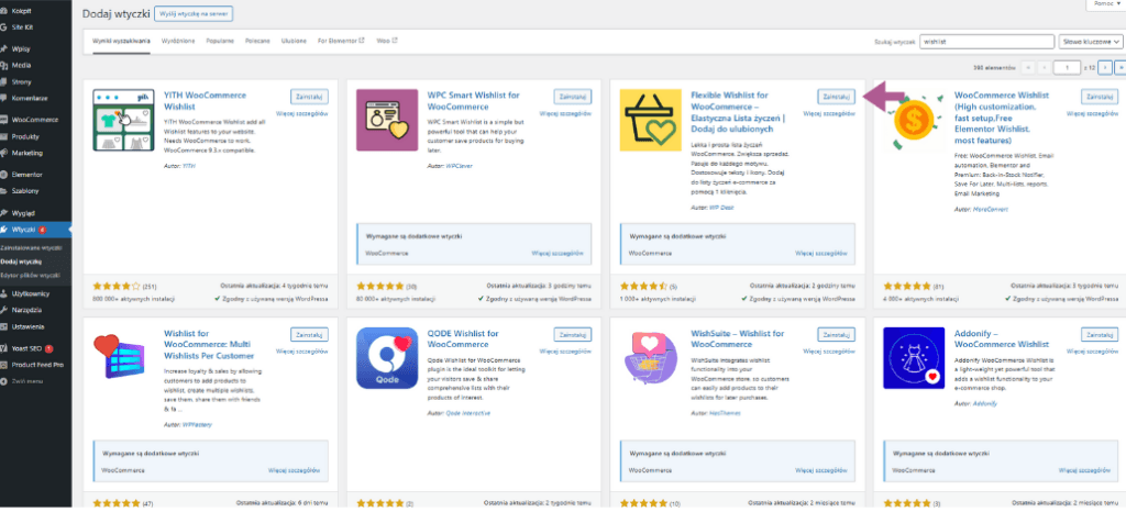 Wyszukiwanie wtyczki wishlist w panelu WordPress